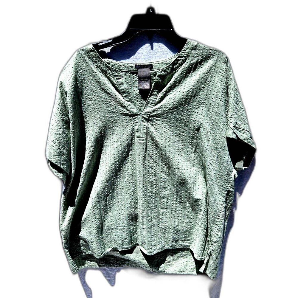Matty M Sage Green Cotton Textured Gauze Popover V Neck Blouse Top XL